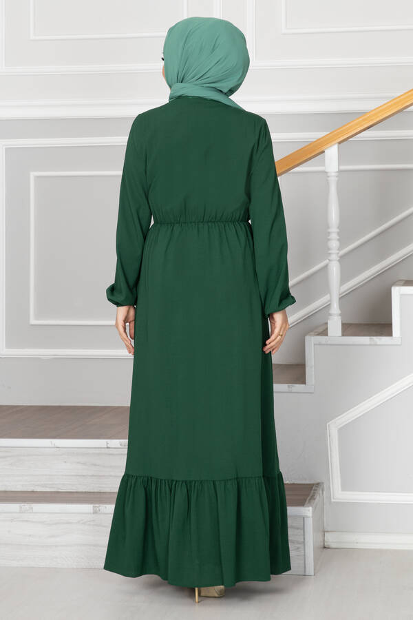 MDI Eteği Fırfırlı Elbise 1278-8 Zümrüt Yeşili