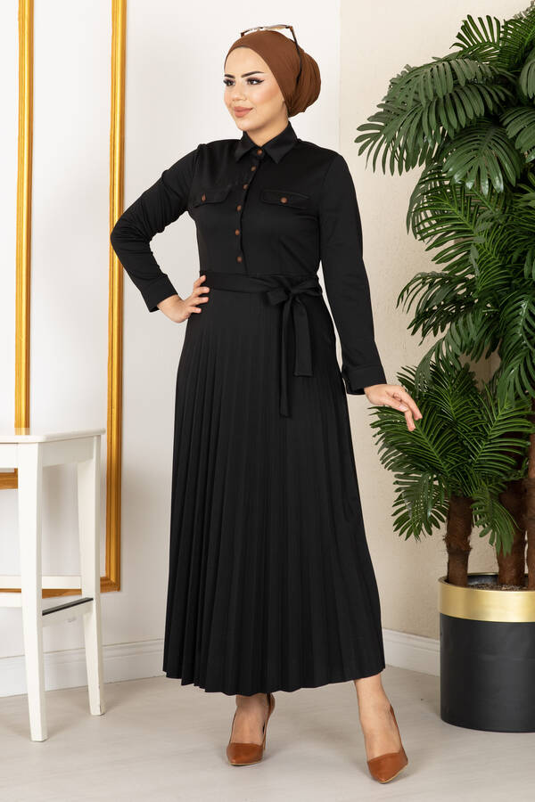 Eteği Piliseli Tesettür Elbise 21515-8 Siyah