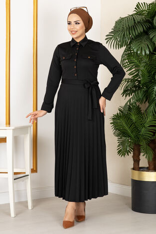 Eteği Piliseli Tesettür Elbise 21515-8 Siyah - Thumbnail