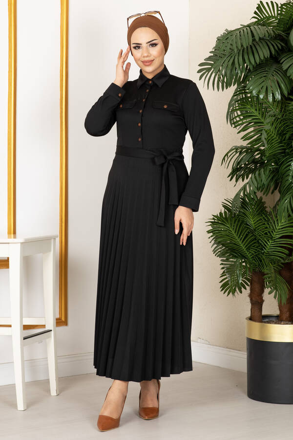 Eteği Piliseli Tesettür Elbise 21515-8 Siyah