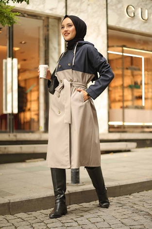 MDI Hooded Trench Coat 10060-3 Navy Blue & Stone color - Thumbnail