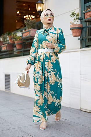 MDI Kravatlı Palmiye Desenli Elbise 9643-2 - Thumbnail