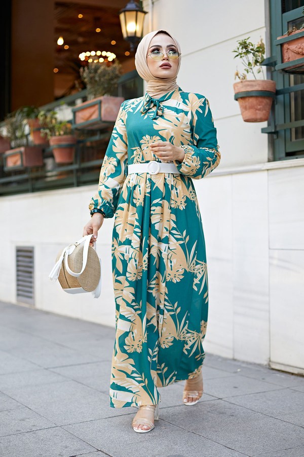 MDI Kravatlı Palmiye Desenli Elbise 9643-2