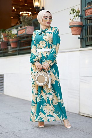 MDI Kravatlı Palmiye Desenli Elbise 9643-2 - Thumbnail
