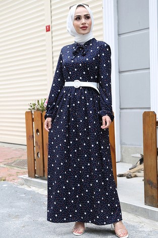 MDI Kravatlı Yıldız Desenli Elbise 7253-5 Lacivert - Thumbnail