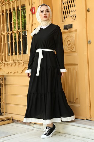 Kuşaklı Fırfır Detaylı Tesettür Elbise 17648-4 Siyah Beyaz - Thumbnail