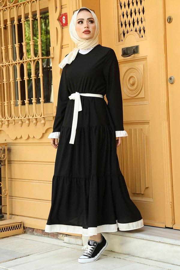 Kuşaklı Fırfır Detaylı Tesettür Elbise 17648-4 Siyah Beyaz