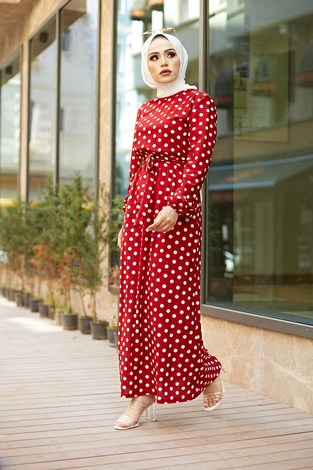 MDI Kuşaklı Puantiyeli Elbise 1353-2 Kırmızı - Thumbnail