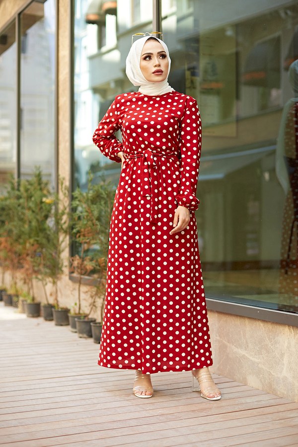MDI Kuşaklı Puantiyeli Elbise 1353-2 Kırmızı