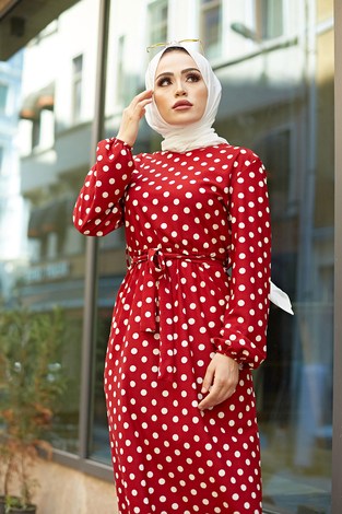 MDI Kuşaklı Puantiyeli Elbise 1353-2 Kırmızı - Thumbnail
