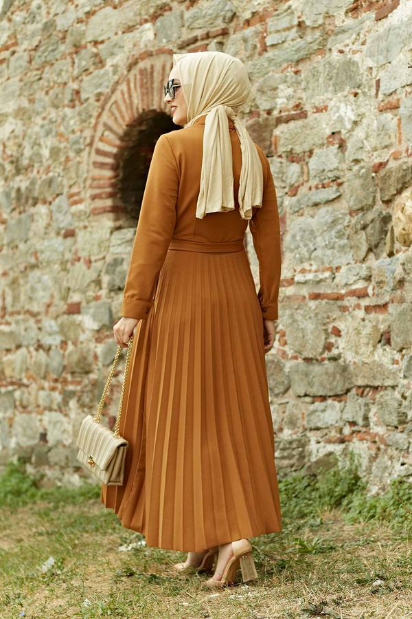 Eteği Piliseli Elbise 21515-4 Hardal