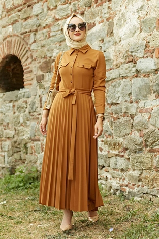 Eteği Piliseli Elbise 21515-4 Hardal - Thumbnail