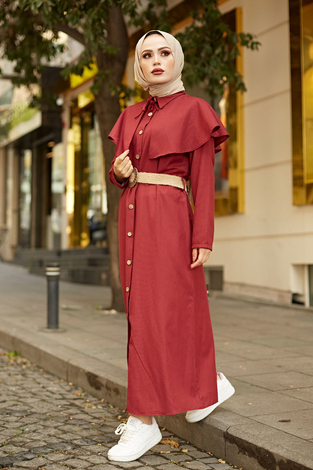 MDI Valensa Kemerli Elbise 7310-3 Bordo - Thumbnail