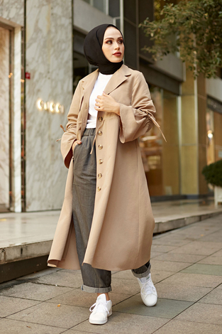 MDI TrenchCoat With Drawstring Sleeves 9982-4 Beige - Thumbnail