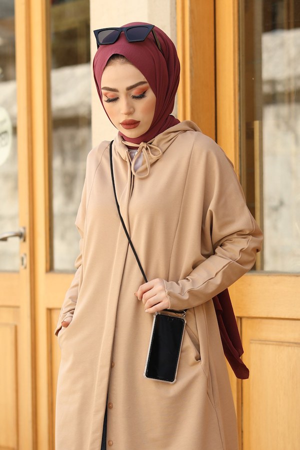  - MDK Önü Boydan Düğmeli Kapüşonlu Sweat Tunik 2294-2 Bej (1)