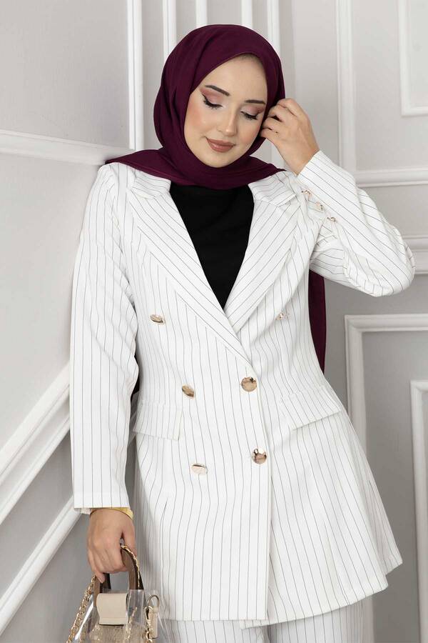 Hp - Mendil Yaka Çizgili Tesettür Takım Beyaz (1)