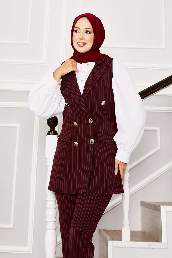 Hp - Mendil Yaka Çizgili Yelek Pantolon İkili Takım Bordo (1) Hp - Mendil Yaka Çizgili Yelek Pantolon İkili Takım Bordo (1)