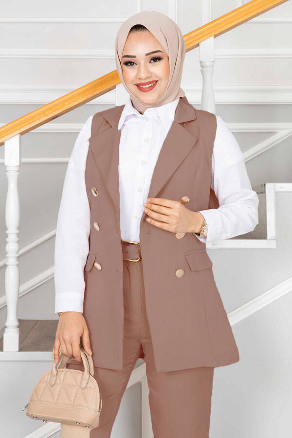 Hp - Mendil Yaka Detaylı Tesettür Yelek Takım Camel (1)