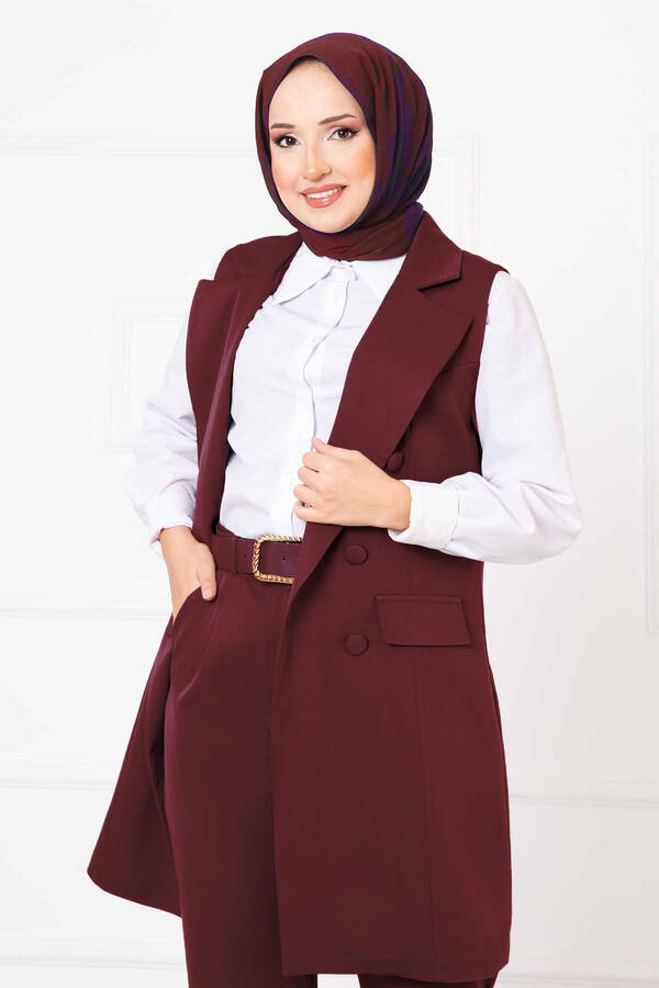 Mendil Yaka Uzun Yelek Takım Bordo - 3
