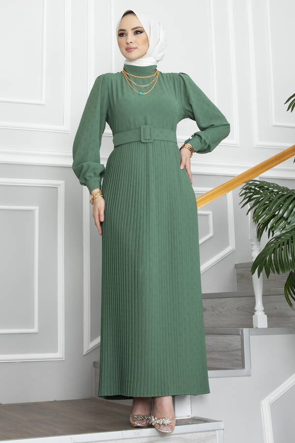 Menesa Piliseli Tesettür Elbise Yeşil