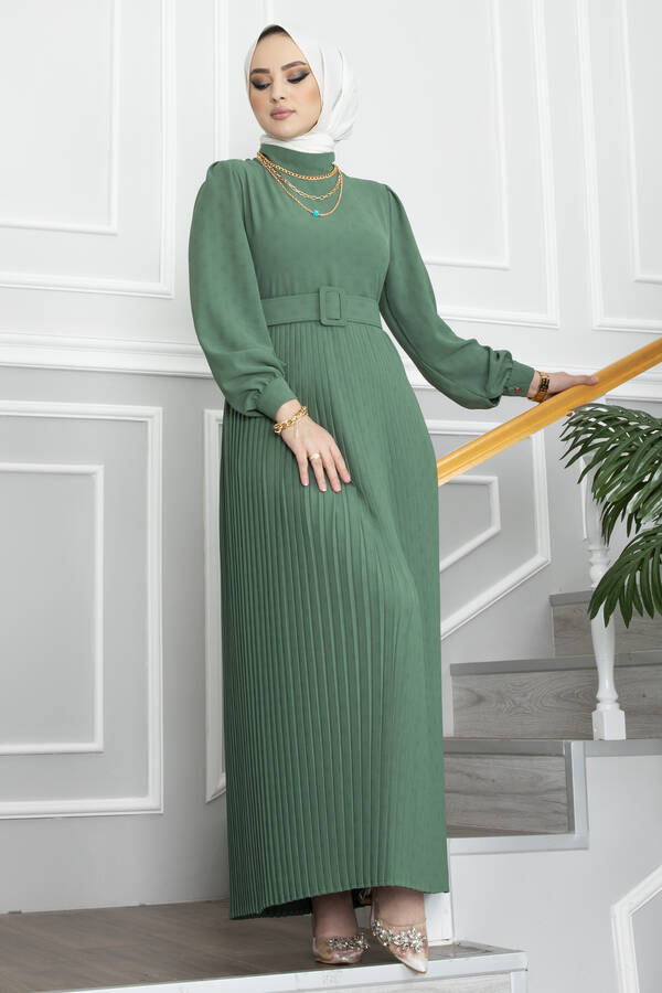 Menesa Piliseli Tesettür Elbise Yeşil