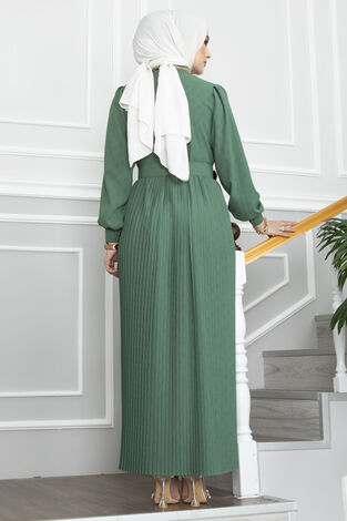 Menesa Piliseli Tesettür Elbise Yeşil - Thumbnail