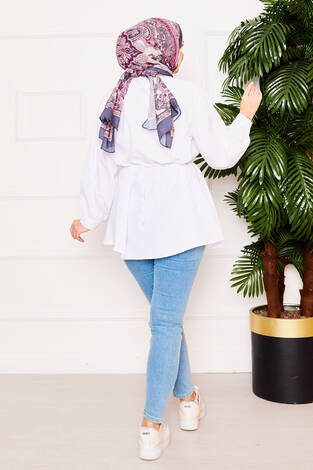 Metal Kalp Figürüyle Bağcıklı Terikoton Gömlek Tunik Beyaz - Thumbnail