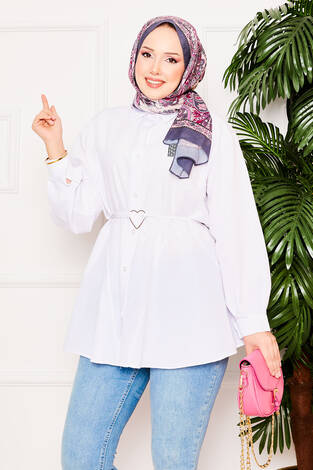 Metal Kalp Figürüyle Bağcıklı Terikoton Gömlek Tunik Beyaz - Thumbnail