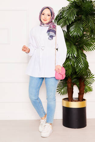 Metal Kalp Figürüyle Bağcıklı Terikoton Gömlek Tunik Beyaz - Thumbnail