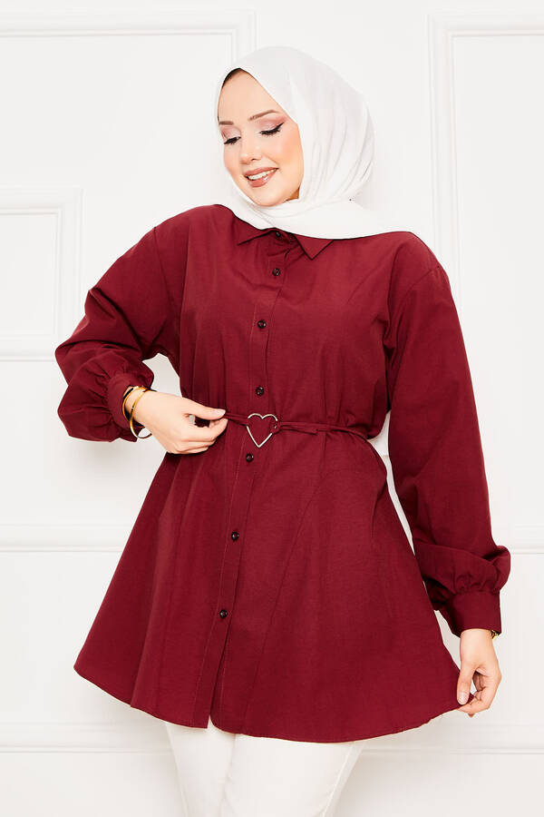Svs - Metal Kalp Figürüyle Bağcıklı Terikoton Gömlek Tunik Bordo (1)