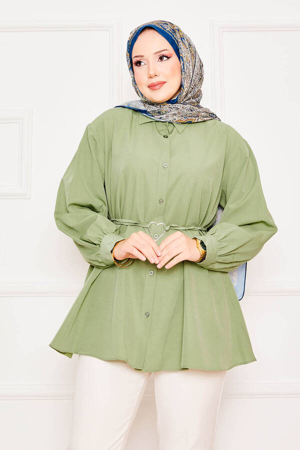 Svs - Metal Kalp Figürüyle Bağcıklı Terikoton Gömlek Tunik Haki (1)