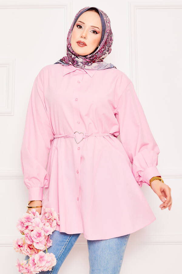 Svs - Metal Kalp Figürüyle Bağcıklı Terikoton Gömlek Tunik Pembe (1)