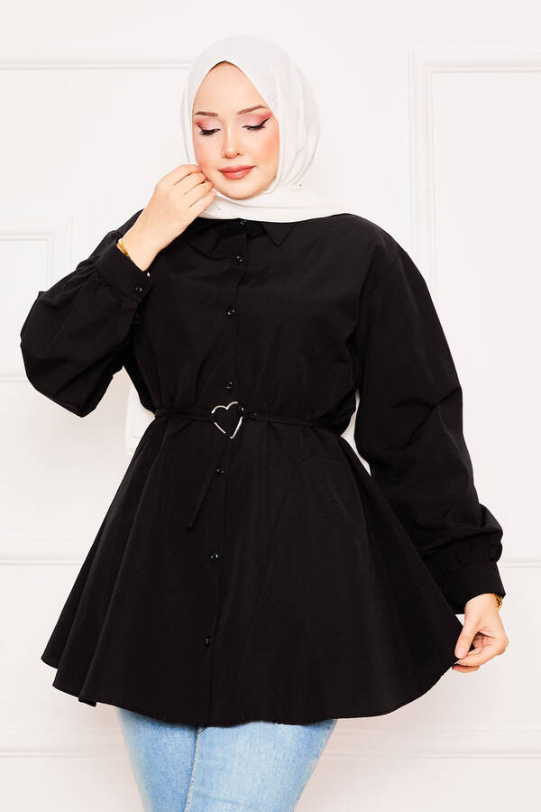 Asm - Metal Kalp Figürüyle Bağcıklı Terikoton Gömlek Tunik Siyah (1)