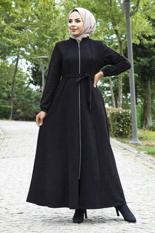 Mevlana Model Kışlık Tesettür Ferace Siyah - Thumbnail