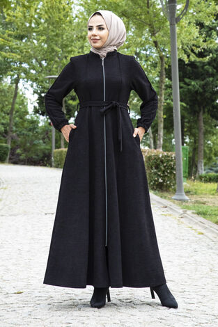 Mevlana Model Kışlık Tesettür Ferace Siyah - Thumbnail