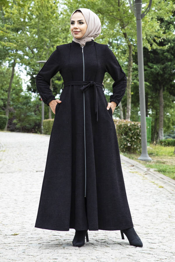 Tez - Mevlana Model Kışlık Tesettür Ferace Siyah