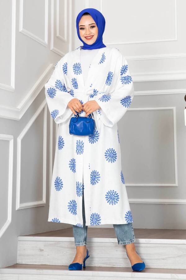 Mika Desenli Tesettür Kimono Mavi