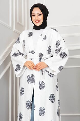 Mika Desenli Tesettür Kimono Siyah - Thumbnail
