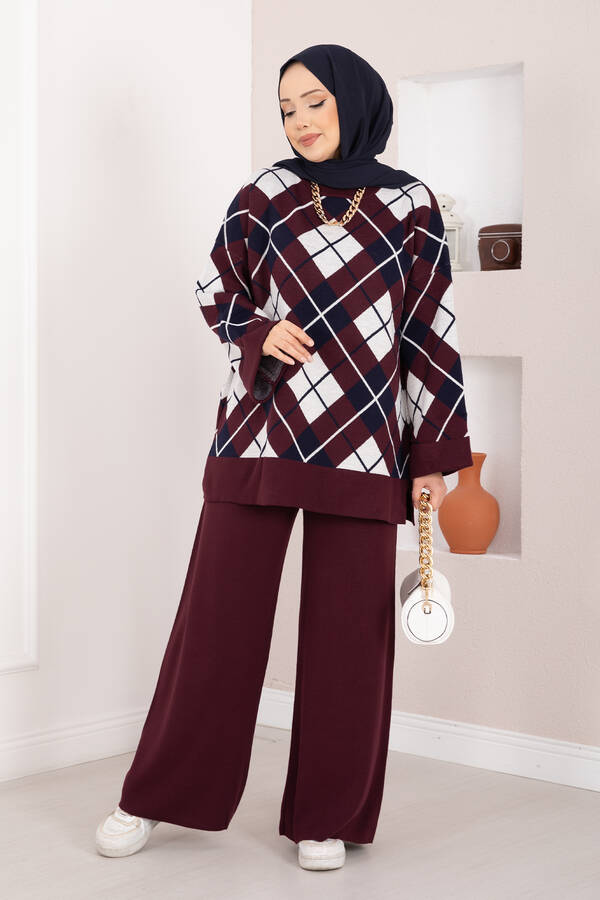 Htn - Milano Baklava Desen Tesettür Triko Takım Bordo