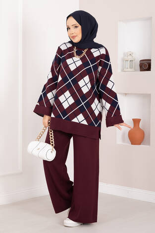 Milano Baklava Desen Tesettür Triko Takım Bordo - Thumbnail