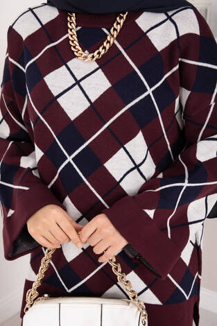 Milano Baklava Desen Tesettür Triko Takım Bordo - Thumbnail