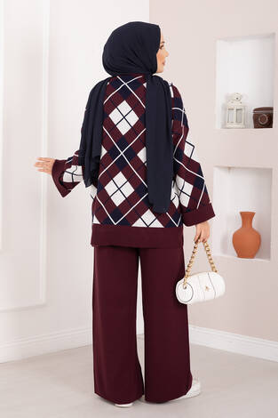 Milano Baklava Desen Tesettür Triko Takım Bordo - Thumbnail