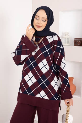 Milano Baklava Desen Tesettür Triko Takım Bordo - Thumbnail