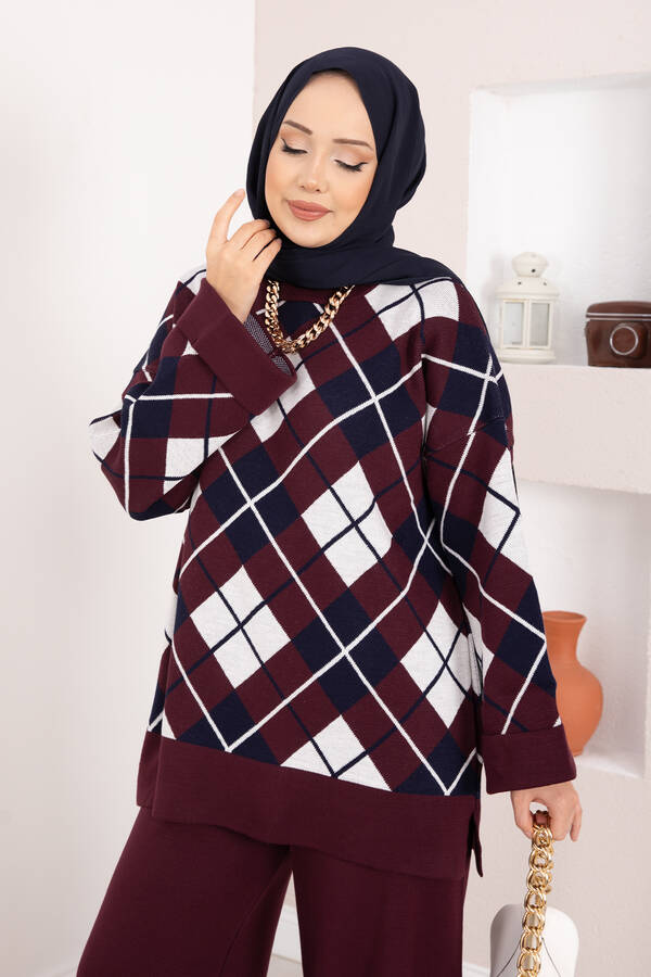 Htn - Milano Baklava Desen Tesettür Triko Takım Bordo (1)