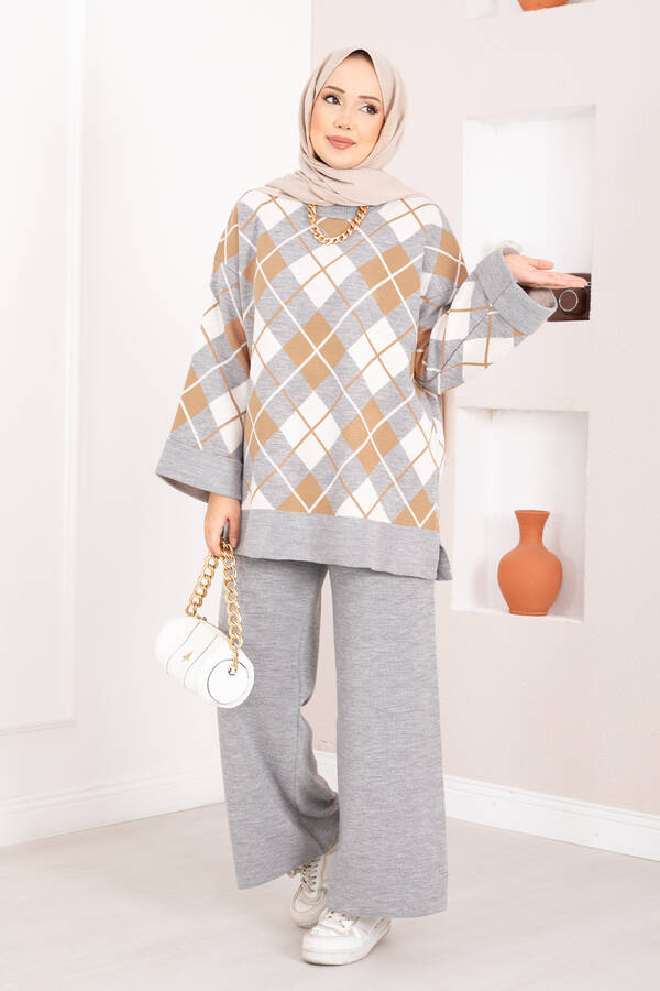 Htn - Milano Baklava Desen Tesettür Triko Takım Gri