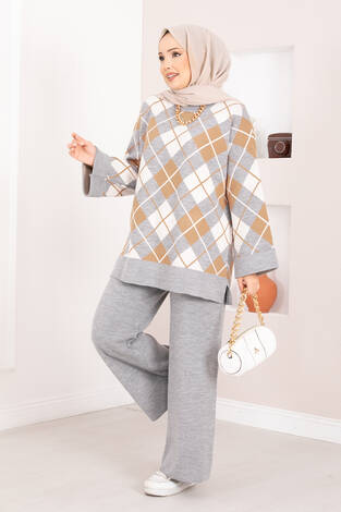 Milano Baklava Desen Tesettür Triko Takım Gri - Thumbnail