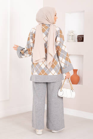 Milano Baklava Desen Tesettür Triko Takım Gri - Thumbnail