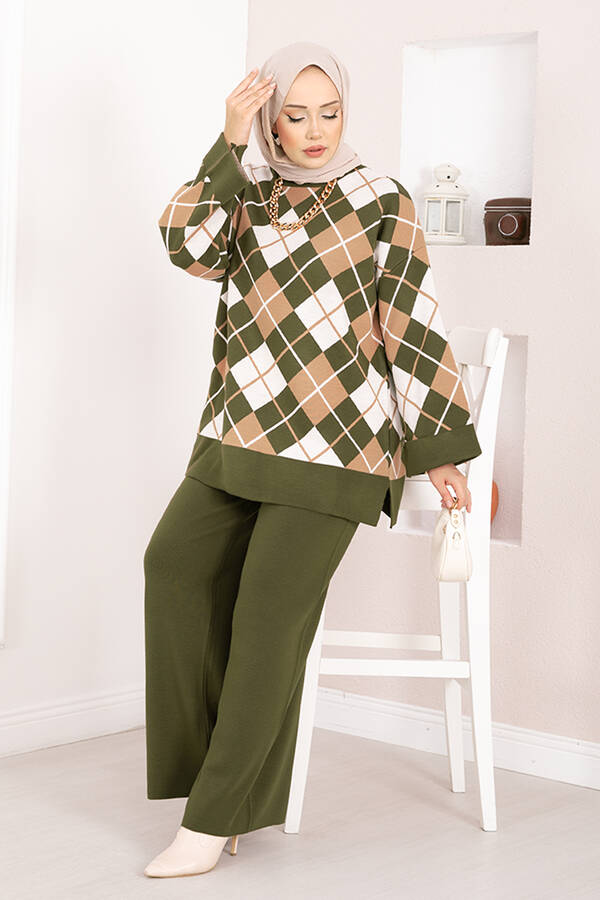Htn - Milano Baklava Desen Tesettür Triko Takım Haki