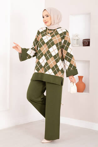 Milano Baklava Desen Tesettür Triko Takım Haki - Thumbnail