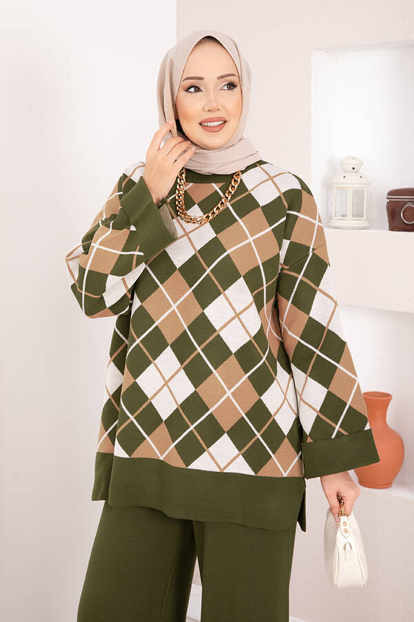 Htn - Milano Baklava Desen Tesettür Triko Takım Haki (1)
